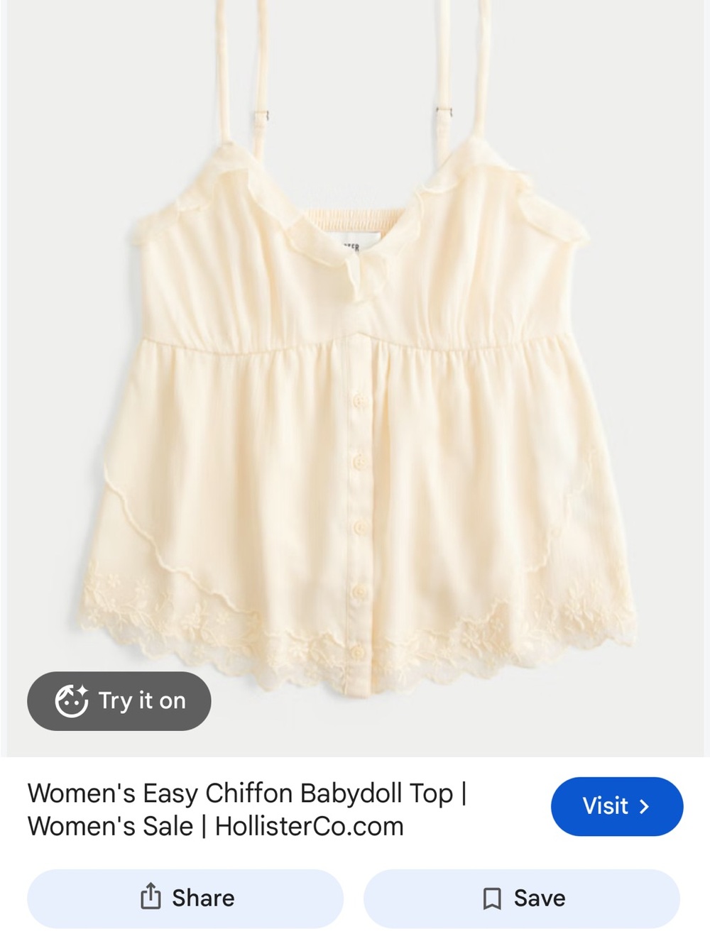 Hollister Cream Lightweight Chiffon Camisole with Lace Trim